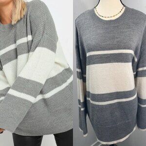 Divided H&M Ladies Knitted Striped Jumper Grey Cream Long Sleeve Round Neck XL